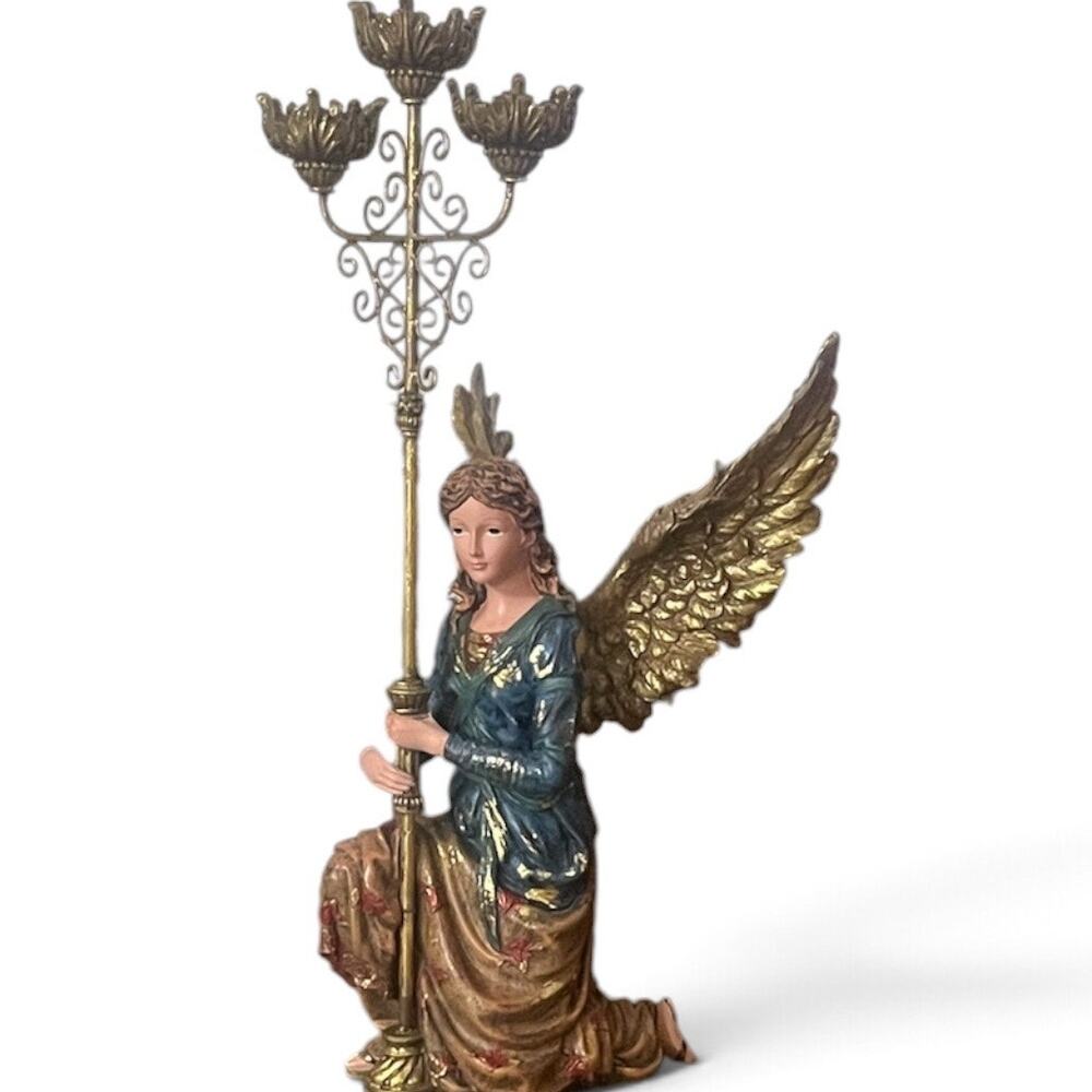 Large 21.5” Kneeling Angel Candelabra 3 Candle Holder Gold Wings Christmas Decor